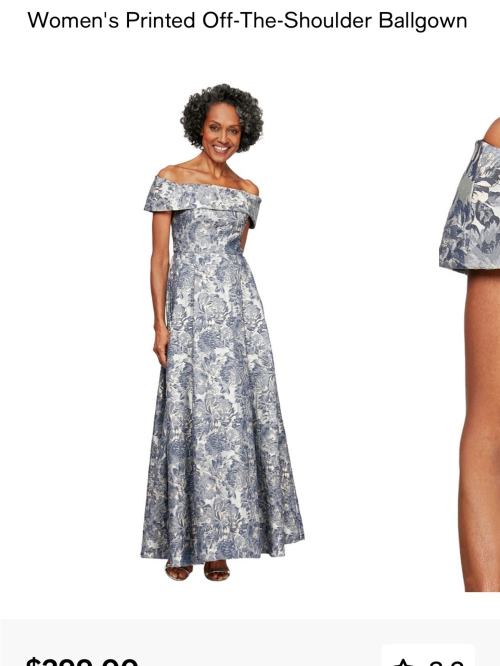 Alex Evenings Blue and Silver Off-the-Shoulder Floral Maxi Gown